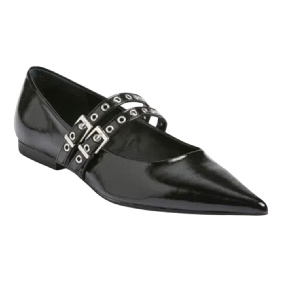 Open Edit Black Patent Pointed Toe Mary Jane Flats Double Grommet Buckle Straps